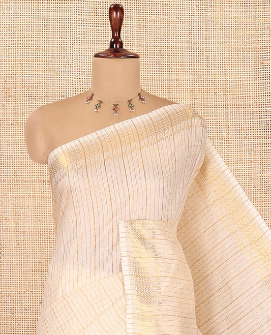 Cream Bhagalpur Cotton Saree, Elevated with Micro-Checks, a Temple Zari Traditional Border, Zari Woven Pallu, and a Matching Blouse
