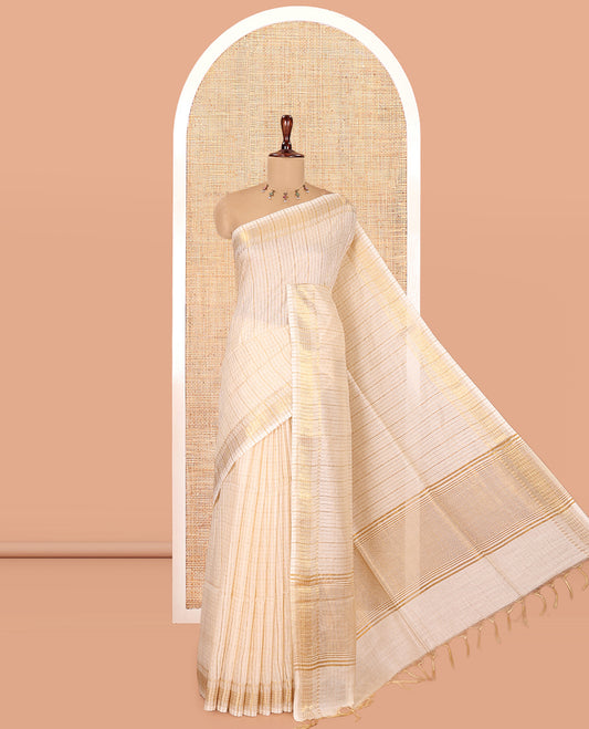 Cream Bhagalpur Cotton Saree, Elevated with Micro-Checks, a Temple Zari Traditional Border, Zari Woven Pallu, and a Matching Blouse