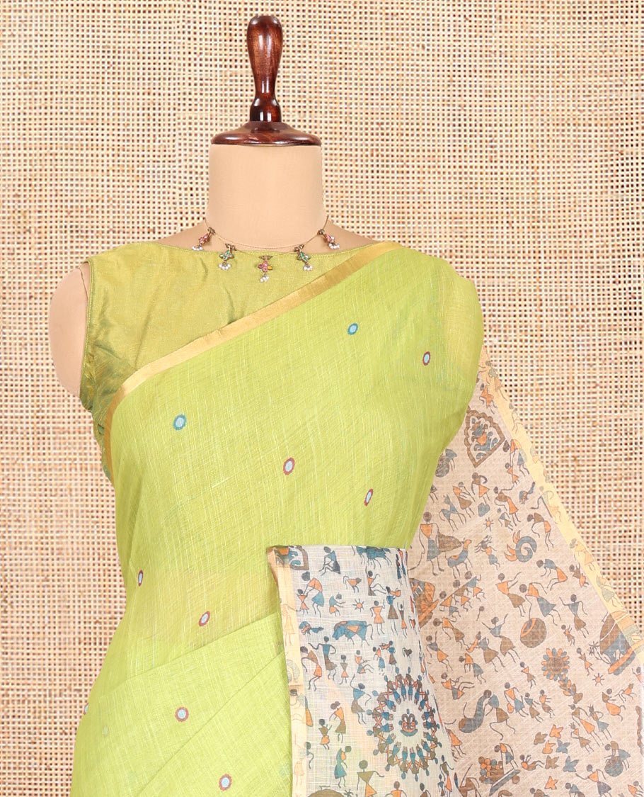 Parrot Green Linen Cotton Saree, Adorned with Mirrorwork, a Piping Border, Contrast Warli Printed Pallu, Contrast Blouse
