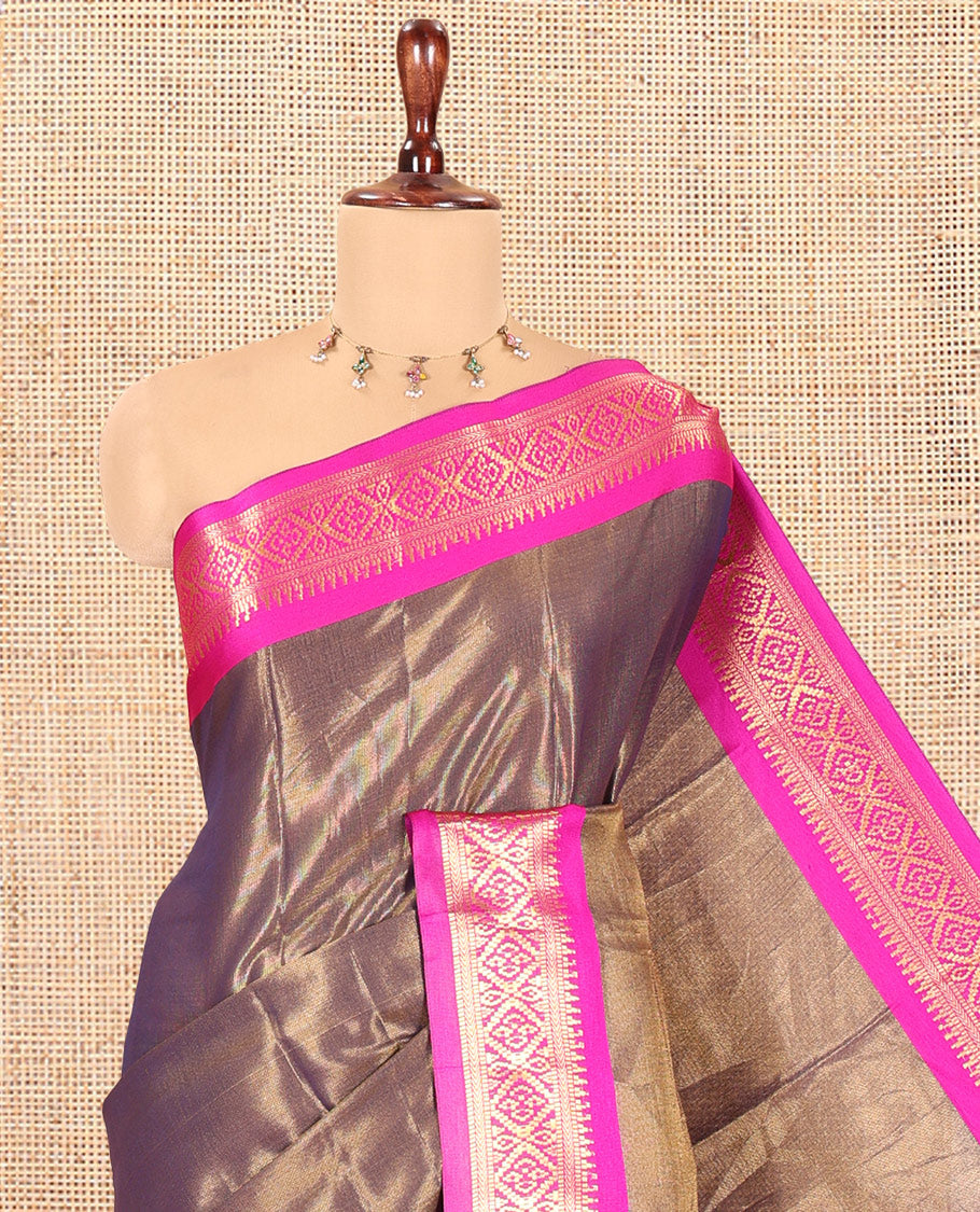 Navy Blue Plain Tissue Cotton Saree, Contrast Traditional Border, Striped Pallu, and Contrast Blouse