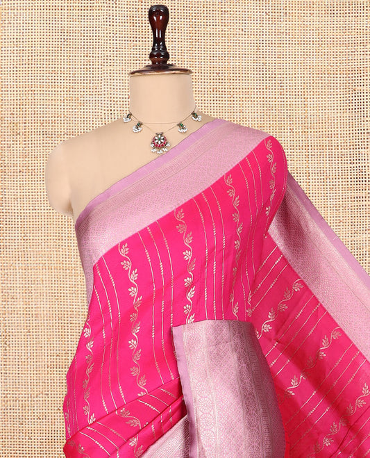 Rani Pink Semi-Kanchi Silk Saree Features Zari Design, a Contrast Traditional Border, Grand Pallu, and Contrast Blouse