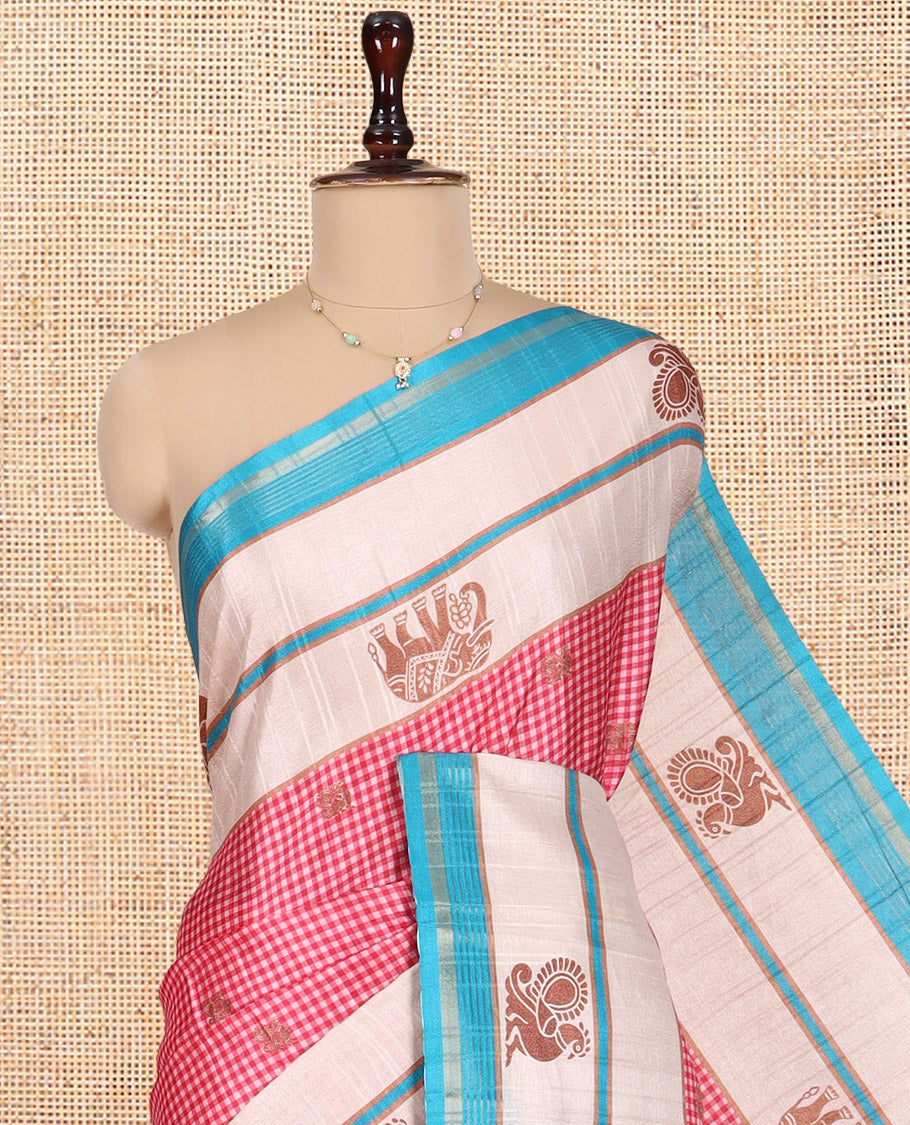 Red Semi-Raw Silk Saree Features Buttas and Micro-Checks, Contrast Peacock-Elephant Border, Contrast Blouse