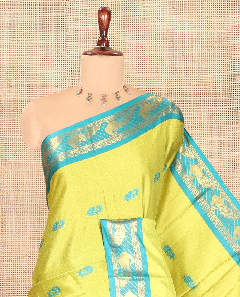 Parrot Green-Rama Peacock Buttas Semi-Soft Silk Saree, Contrast Peacock Border, Buttas Pallu, Matching Blouse