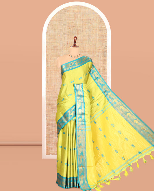 Parrot Green-Rama Peacock Buttas Semi-Soft Silk Saree, Contrast Peacock Border, Buttas Pallu, Matching Blouse