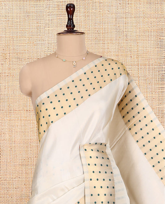 Gold-Green Plain Tissue Saree, Gold Polka-Dotted Border, Matching Blouse