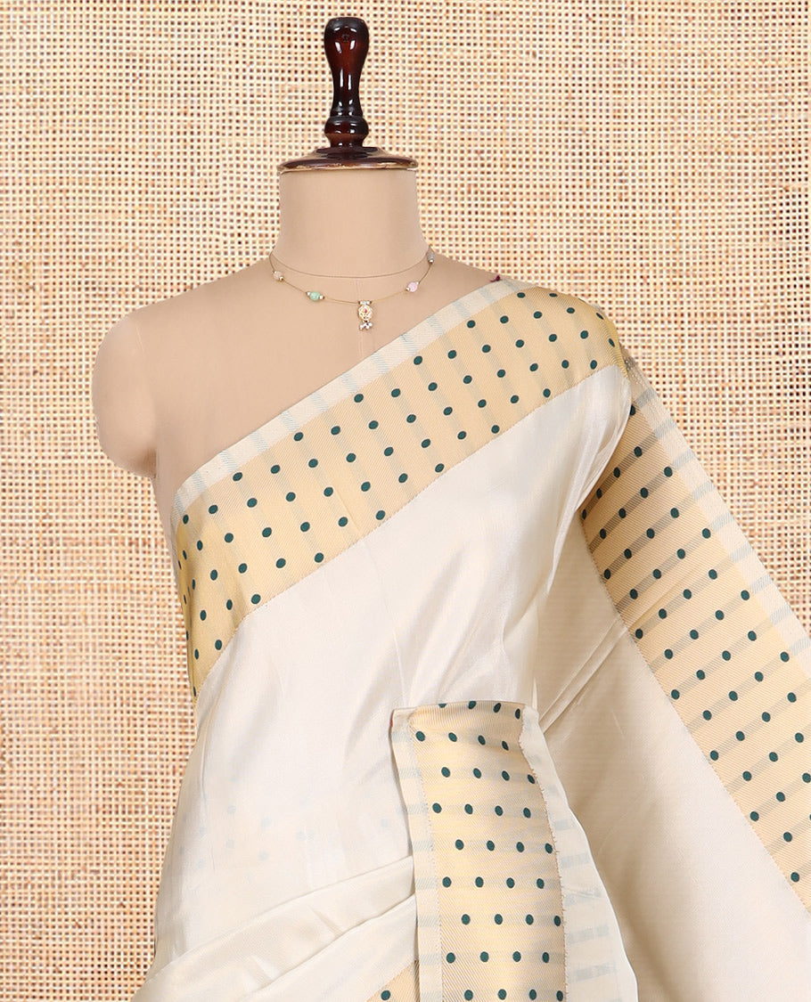Gold-Green Plain Tissue Saree, Gold Polka-Dotted Border, Matching Blouse