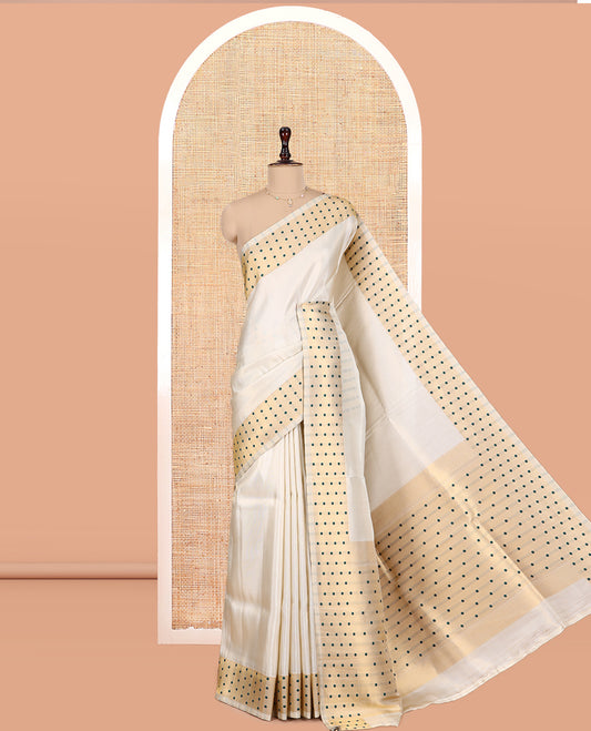 Gold-Green Plain Tissue Saree, Gold Polka-Dotted Border, Matching Blouse