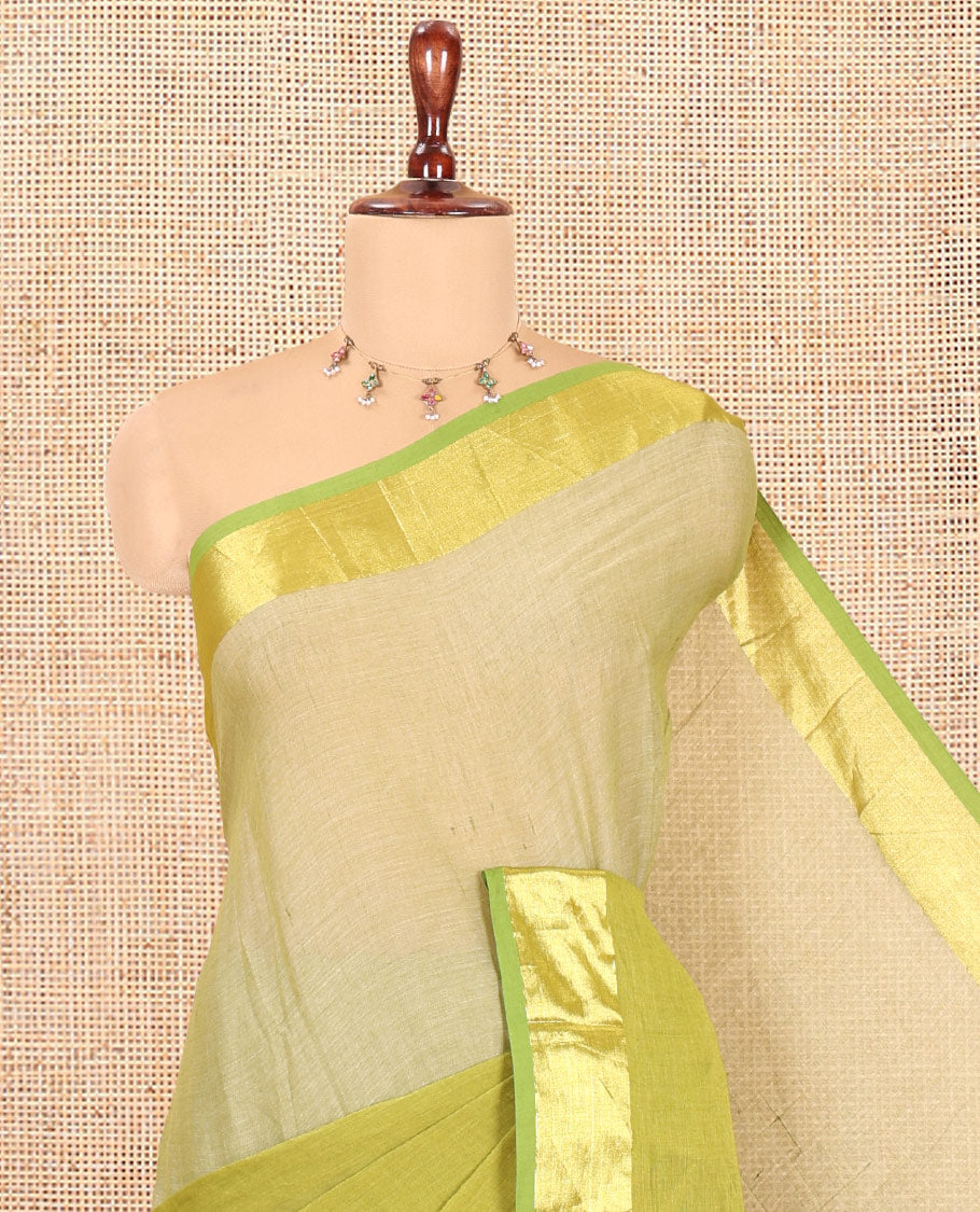 Pista Green-Mehenti Half-And-Half Plain Khadi Mul Cotton Saree, with a Zari Border, and No Blouse
