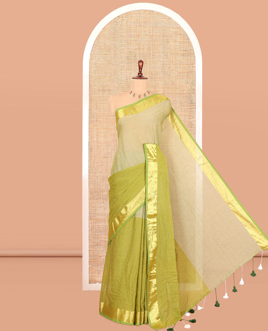 Pista Green-Mehenti Half-And-Half Plain Khadi Mul Cotton Saree, with a Zari Border, and No Blouse