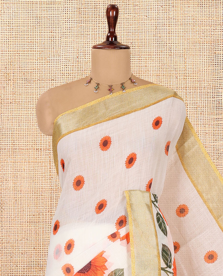 Cream Sunflower Printed Linen Cotton Saree, a Contrast Zari Border, and a Contrast Blouse