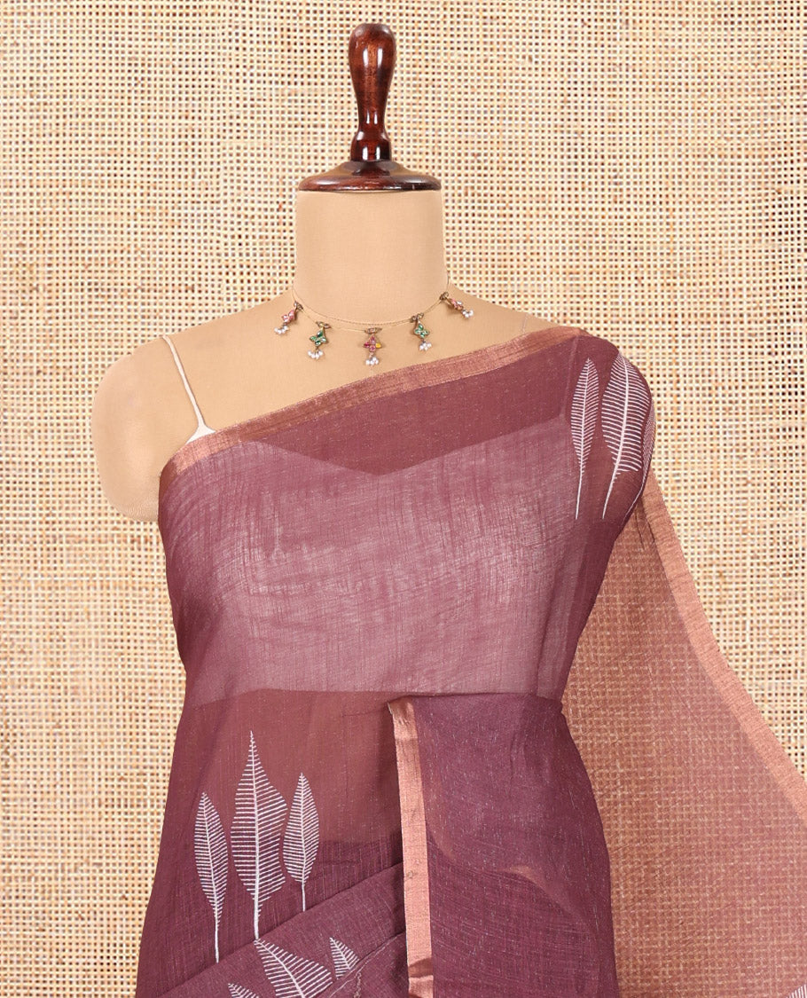 Wine Linen Cotton Saree Features Tree Print, a Zari Piping Border, and a Matching Blouse