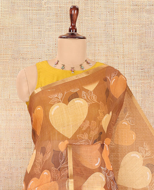 Borderless Brown Heart Motifs Printed Linen-Cotton Saree, Self-Printed Pallu, and Matching Blouse
