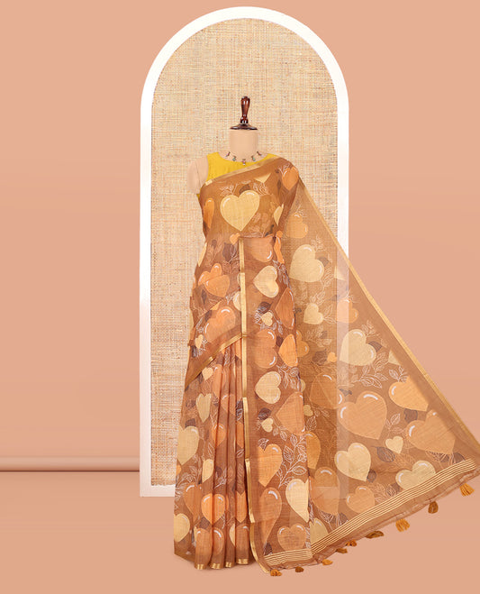 Borderless Brown Heart Motifs Printed Linen-Cotton Saree, Self-Printed Pallu, and Matching Blouse