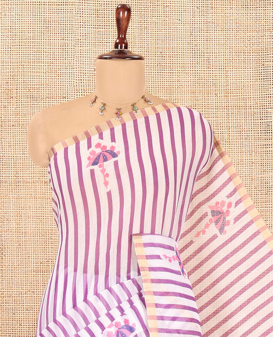 Borderless White-Violet Linen Cotton Saree, Adorned with Vertical Stripes, an Umbrella Print, and a Matching Blouse