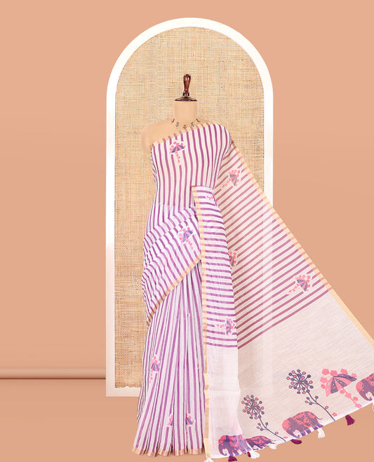 Borderless White-Violet Linen Cotton Saree, Adorned with Vertical Stripes, an Umbrella Print, and a Matching Blouse