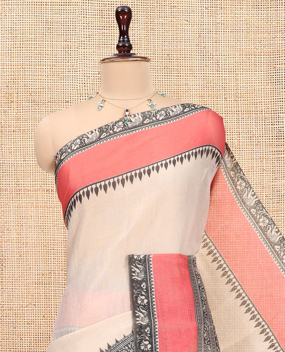 Gold Plain Tissue Saree, Complemented by a Contrast Intricately Block Printed Border, and a Contrast Blouse