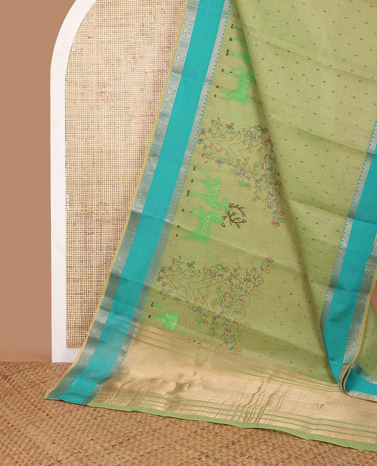Parrot green screen printed chanderi cotton saree with double pad annam border & tissue pallu along with brocade blouse