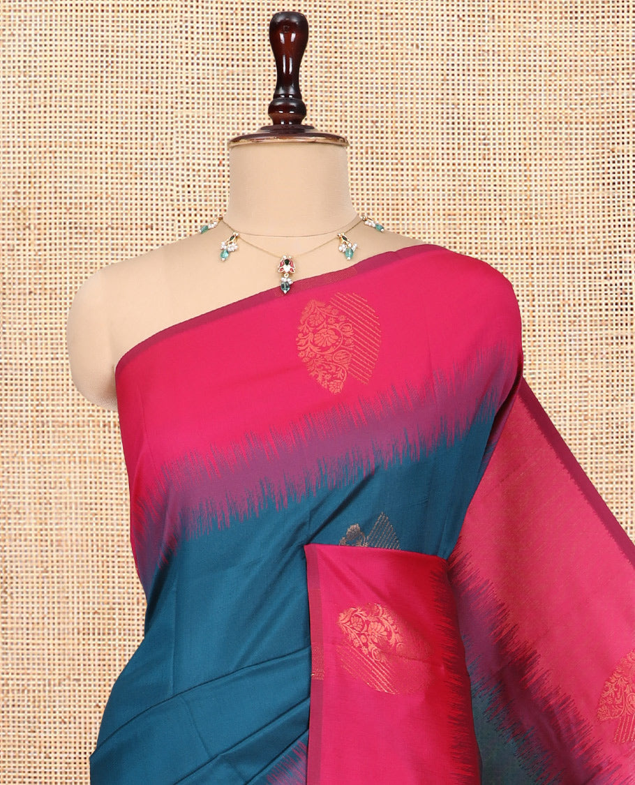 Blue Kanchi Silk Saree, Adorned with Zari Buttas, a Contrast Zari Butta Border, Grand Pallu, and a Contrast Blouse