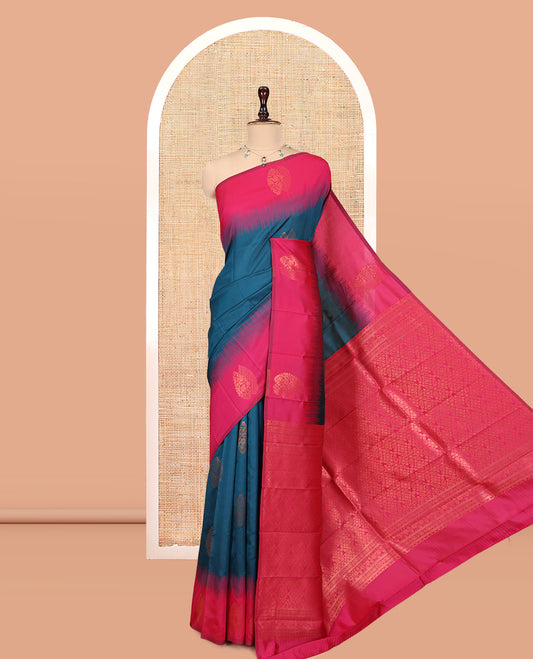 Blue Kanchi Silk Saree, Adorned with Zari Buttas, a Contrast Zari Butta Border, Grand Pallu, and a Contrast Blouse