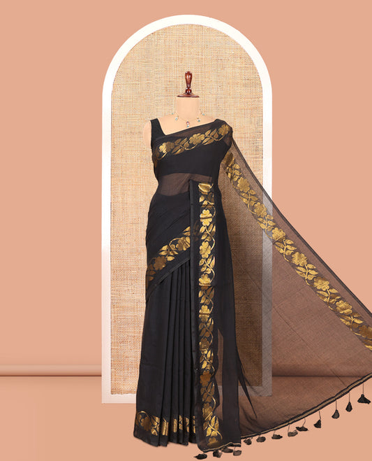 Black Plain Khadi Mul Cotton Saree, a Floral Creeper Border, a Self-Pallu, and No Blouse