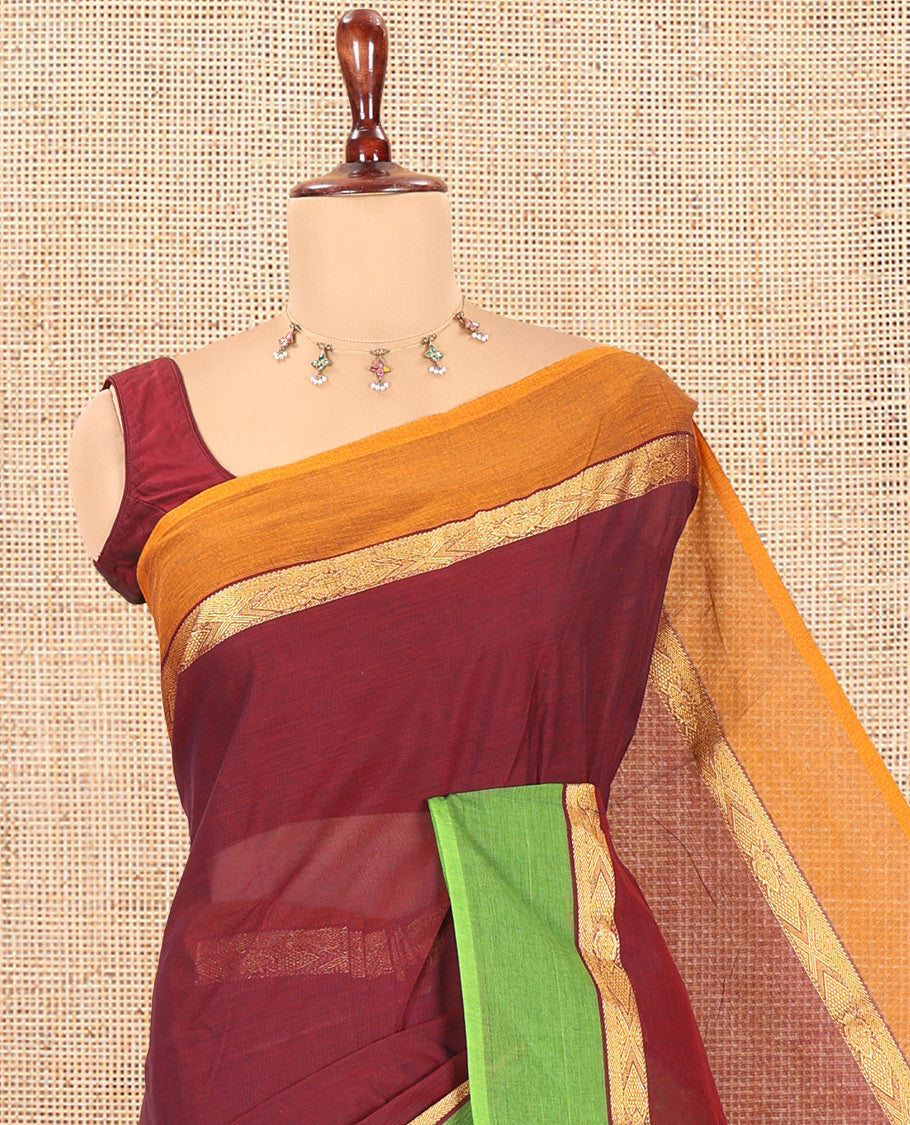 Red Plain Chettinad Cotton Saree, Contrast Ganga-Jamuna Border, Striped Pallu, and a Matching Blouse