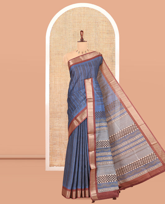Blue Art Tussar Saree, Adorned with Geometric Patterns, a Contrast Zari Border, a Geometric Pallu, and a Contrast Blouse