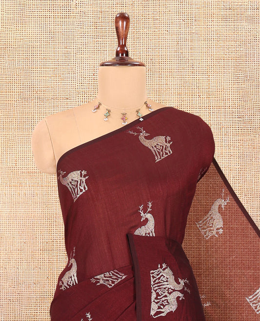 Borderless Maroon Vichitra Silk Saree, Decorated with Deer Motifs, Self-Pallu, No Blouse