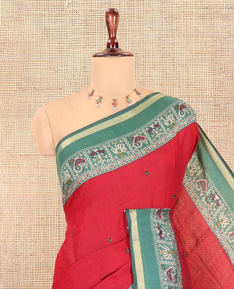 Rani Pink Manipuri Tussar Saree, Delicately Woven with Mirror Work, a Contrast Patola Animal Motif Border, Patola Pallu, a Contrast Blouse