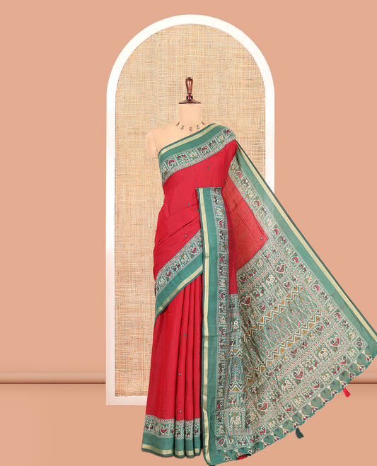 Rani Pink Manipuri Tussar Saree, Delicately Woven with Mirror Work, a Contrast Patola Animal Motif Border, Patola Pallu, a Contrast Blouse