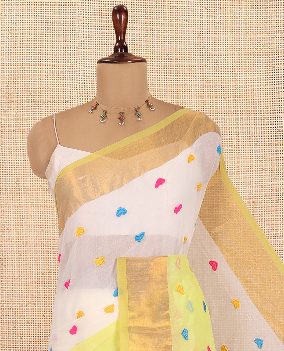 Cream-Lemon Yellow Half-And-Half Heart Motifs Embroidered Khadi Cotton Saree, Contrast Bavanji Border, No Blouse