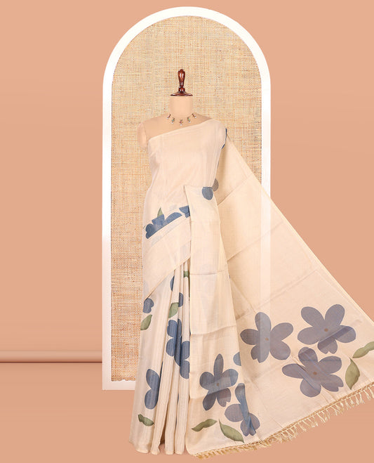 Borderless Cream-Blue Tissue Cotton Saree