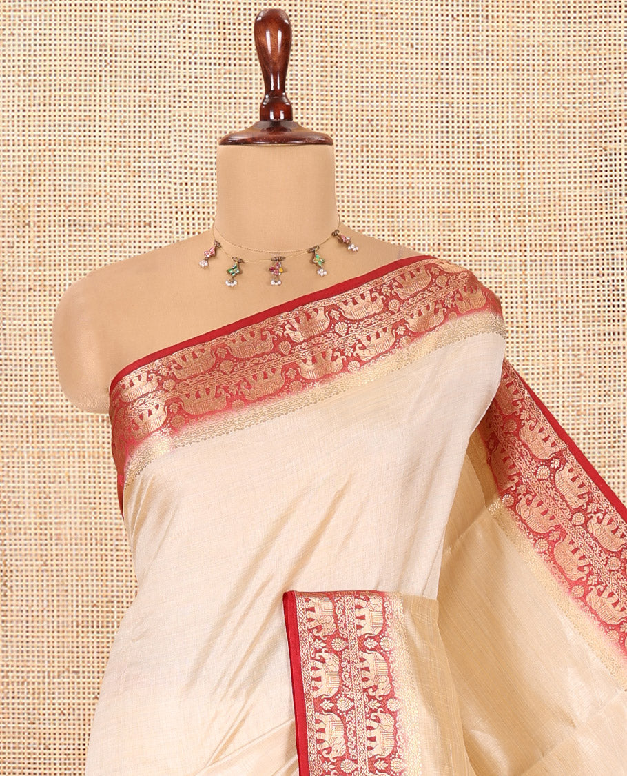 Cream-Maroon Plain Art Tussar Saree