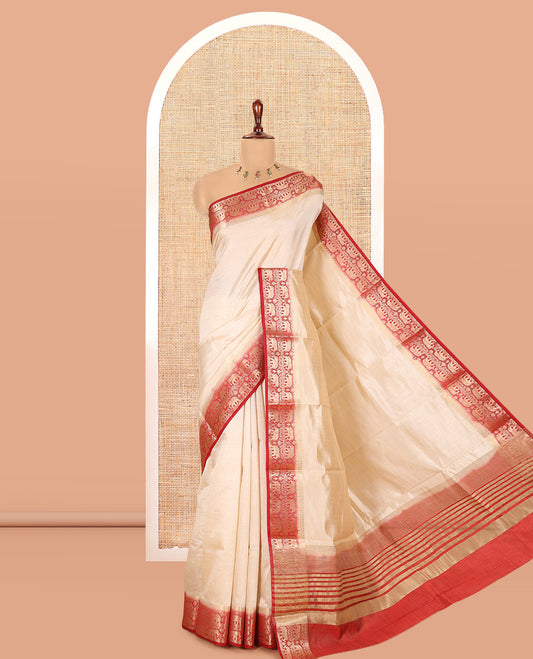 Cream-Maroon Plain Art Tussar Saree