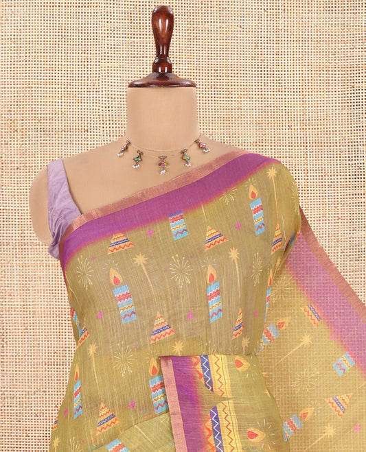 Green Diwali-Style Printed Linen Cotton Saree