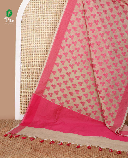 Cream with pink resam thread weaving design banaras kota saree with contrast bawanchi border & plain pallu along with plain blouse
