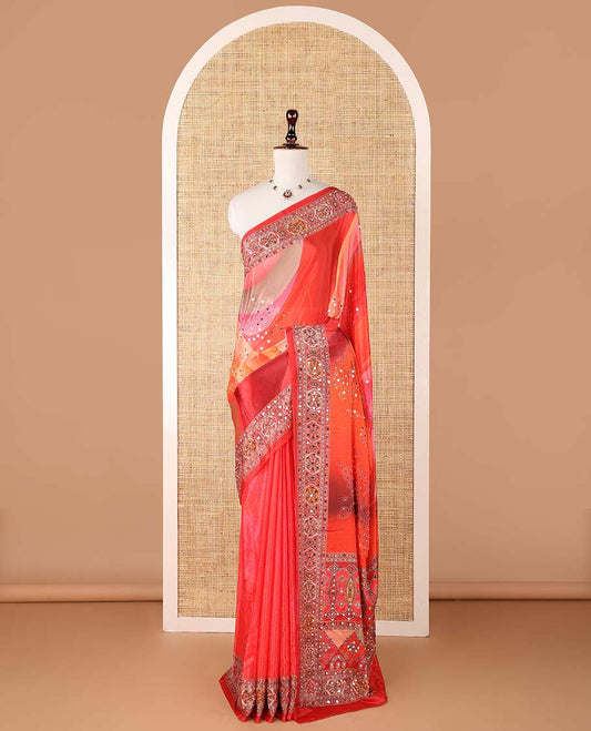 Orange geometric design, mirror work synon silk saree with printed border, mirror work & printed pallu  along with plain blouse
