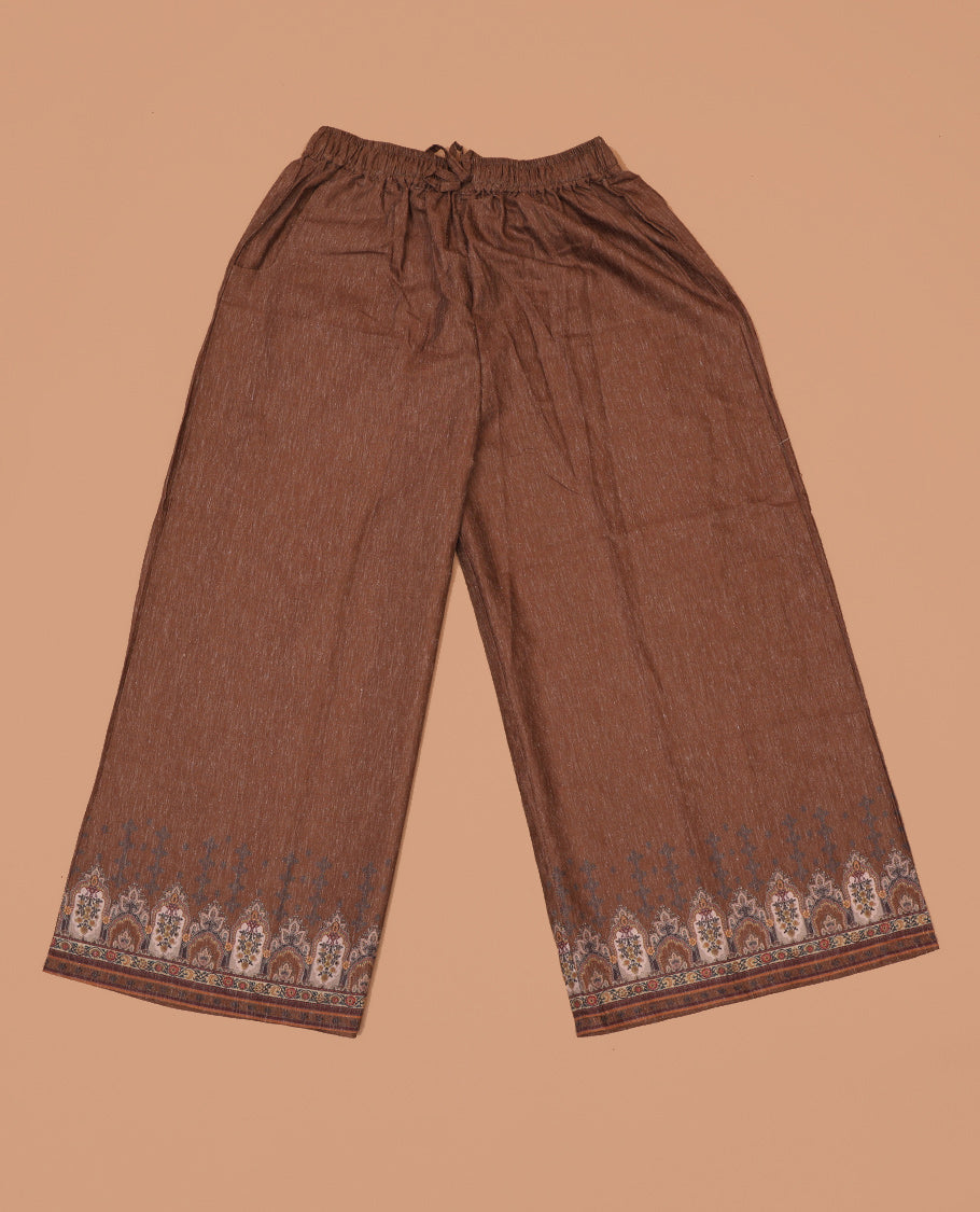 Brown multi-color intricately Mughal-style printed slub cotton palazzo pants