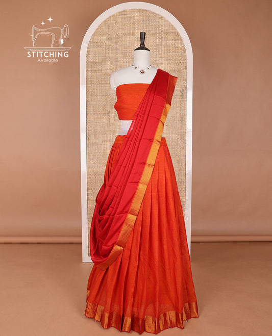 Orange mercerised cotton daman zari border half saree with cotton blouse &  georgette one side zari border