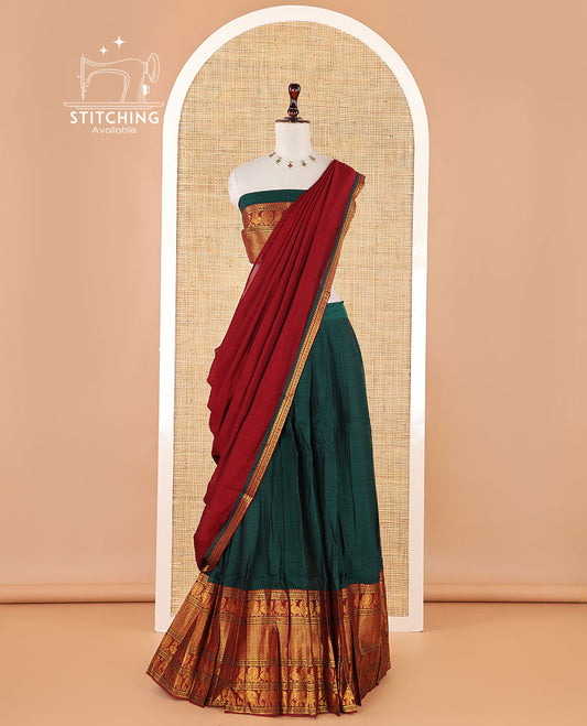 Green mercerised cotton zari border half saree with cotton blouse &amp; skya georgette one side zari border dhavani