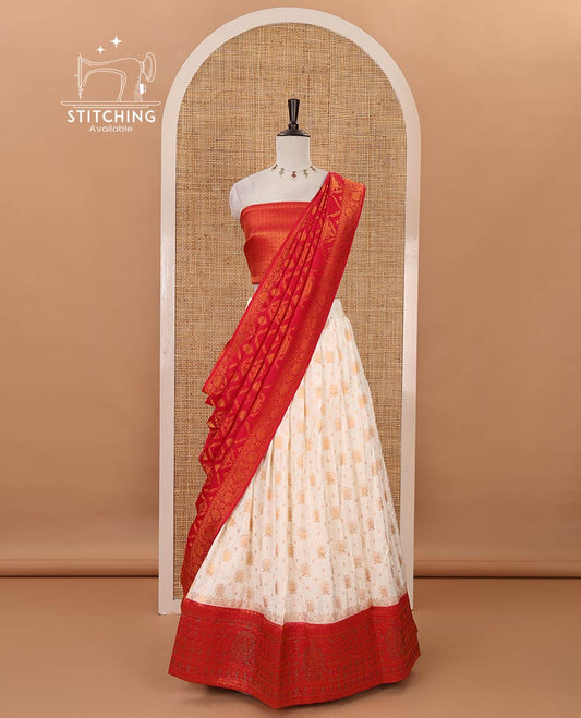 Cream semi-banaras half-saree, zari buttas & contrast Swarovski stonework traditional border skirt, jacquard blouse & contrast jaal jacquard red dhavani