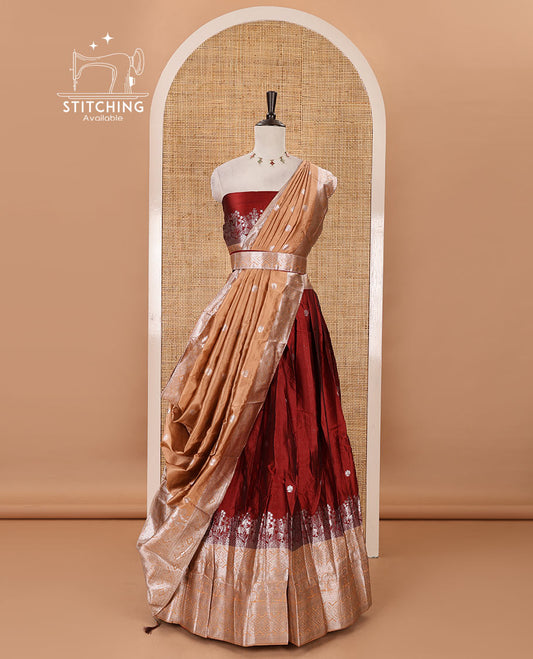 Maroon-peach taffeta silk half-saree, zari buttas & contrast floral-geometric zari border skirt, zari woven blouse & contrast zari woven dhavani