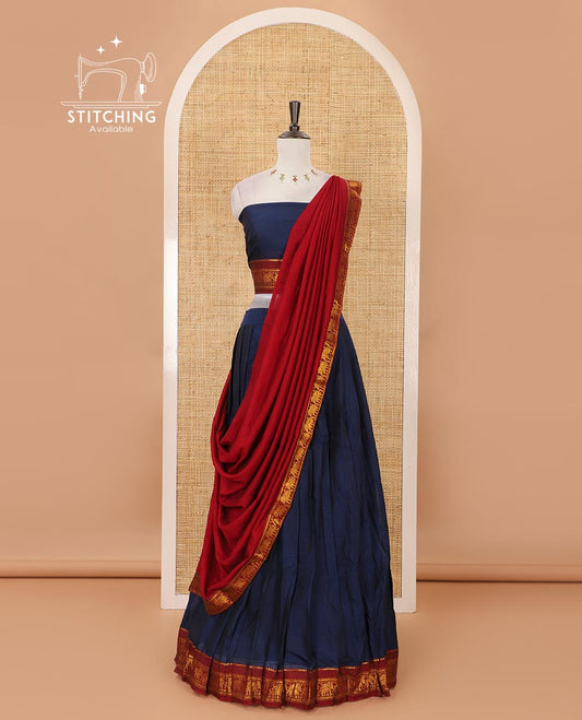 Navy blue mercedised cotton half-saree, plain contrast elephant zari border skirt, matching blouse & contrast maroon zari elephant border dhavani