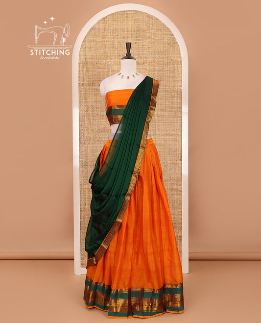 Mango yellow-green Mercerised cotton half-saree, plain & contrast rettai pettu traditional border skirt, matching blouse & zari border syska georgette dhavani