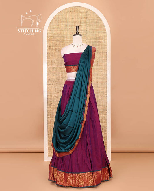 Magenta-green Mercerised cotton half-saree, plain with contrast arai madam border skirt, matching blouse & contrast arai madam border dhavani