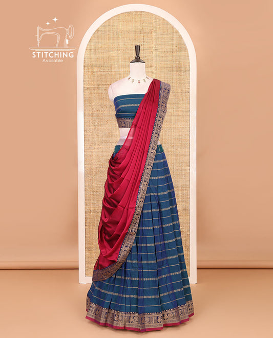 Peacock blue-magenta mercerised cotton half-saree, traditional design resham thread skirt, matching traditional design blouse & contrast syska georgette dhavani