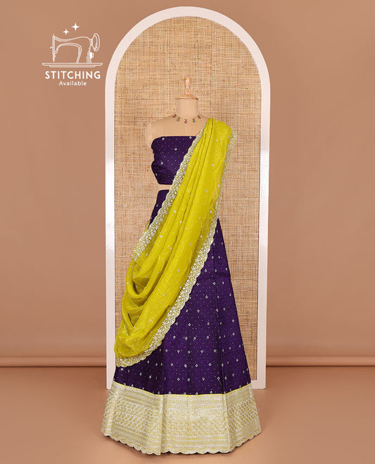 Violet half-saree, floral motifs embroidered semi raw silk top, matching embroidered blouse, and contrast scallop embroidered georgette dhavani
