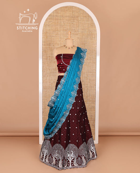 Wine half-saree, buttas, tree, and peacock motifs embroidered semi-taffeta silk top, matching blouse, and contrast scallop embroidered dhavani