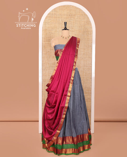 Dark Grey and Pink Chettinad Cotton Half-Saree Featuring Plain Skirt, Adorned with a Contrast Traditional Zari Design Rettai Pettu Border of Peacock Designs, Paired with a Matching Blouse, and Contrast Satin Georgette Dhavani with Zari Border