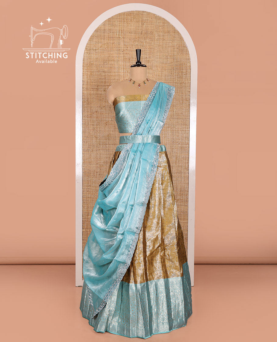 Mustard Banarasi Half-Saree Featuring Jacquard Design Skirt, Complemented by Contrast-Rich Zari-Woven Intricate Border, Paired with a Matching Blouse, Contrast Velvet Organza Stone Work Dhavani, and Brocade Belt