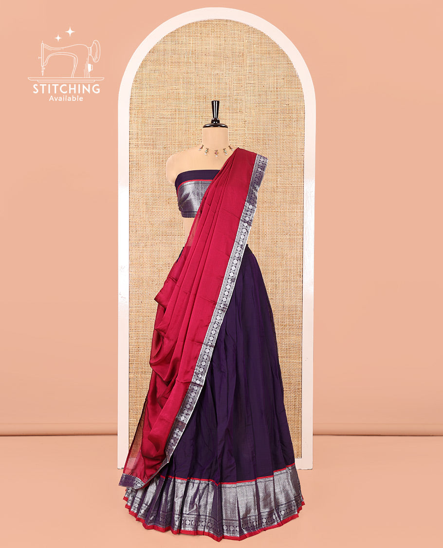 Deep Violet-Rani Pink Mercerised Cotton Half-Saree Features Plain with Contrast Traditional Zari Bordered Skirt, Paired with a Matching Blouse, and Comes with a Contrast Bordered Dhavani